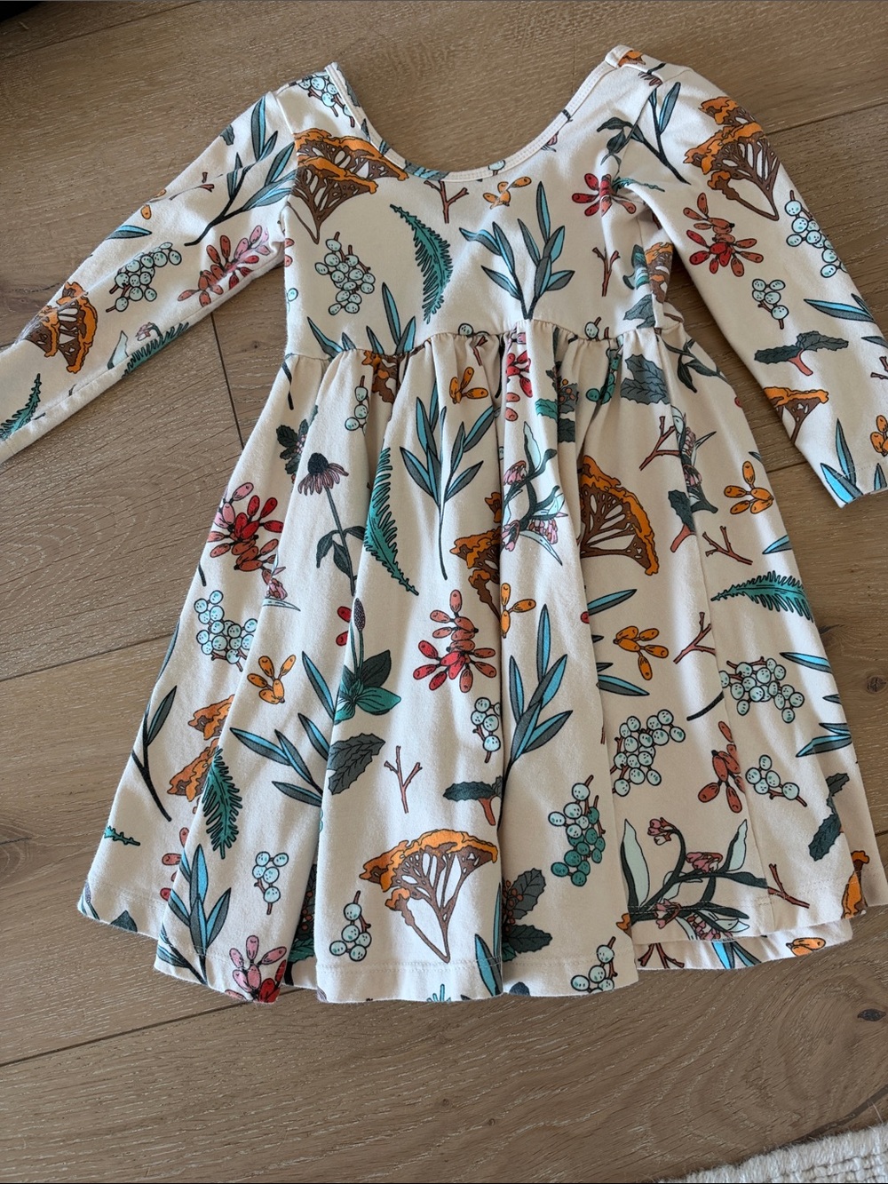 Girls' Cream Botanical Long-Sleeve Twirl Dress